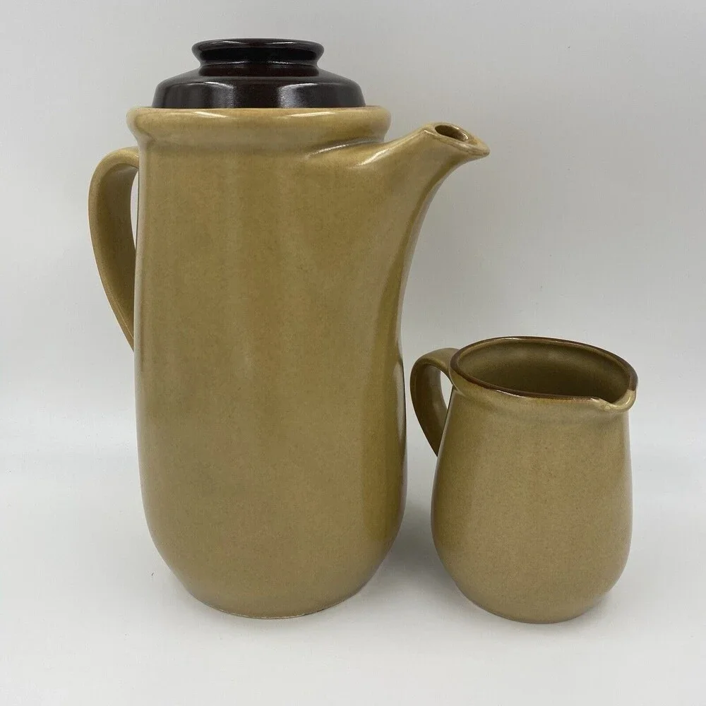Vintage Hearthside Stoneware Coffee Tea Pot with Lid and Creamer Japan Handpaint